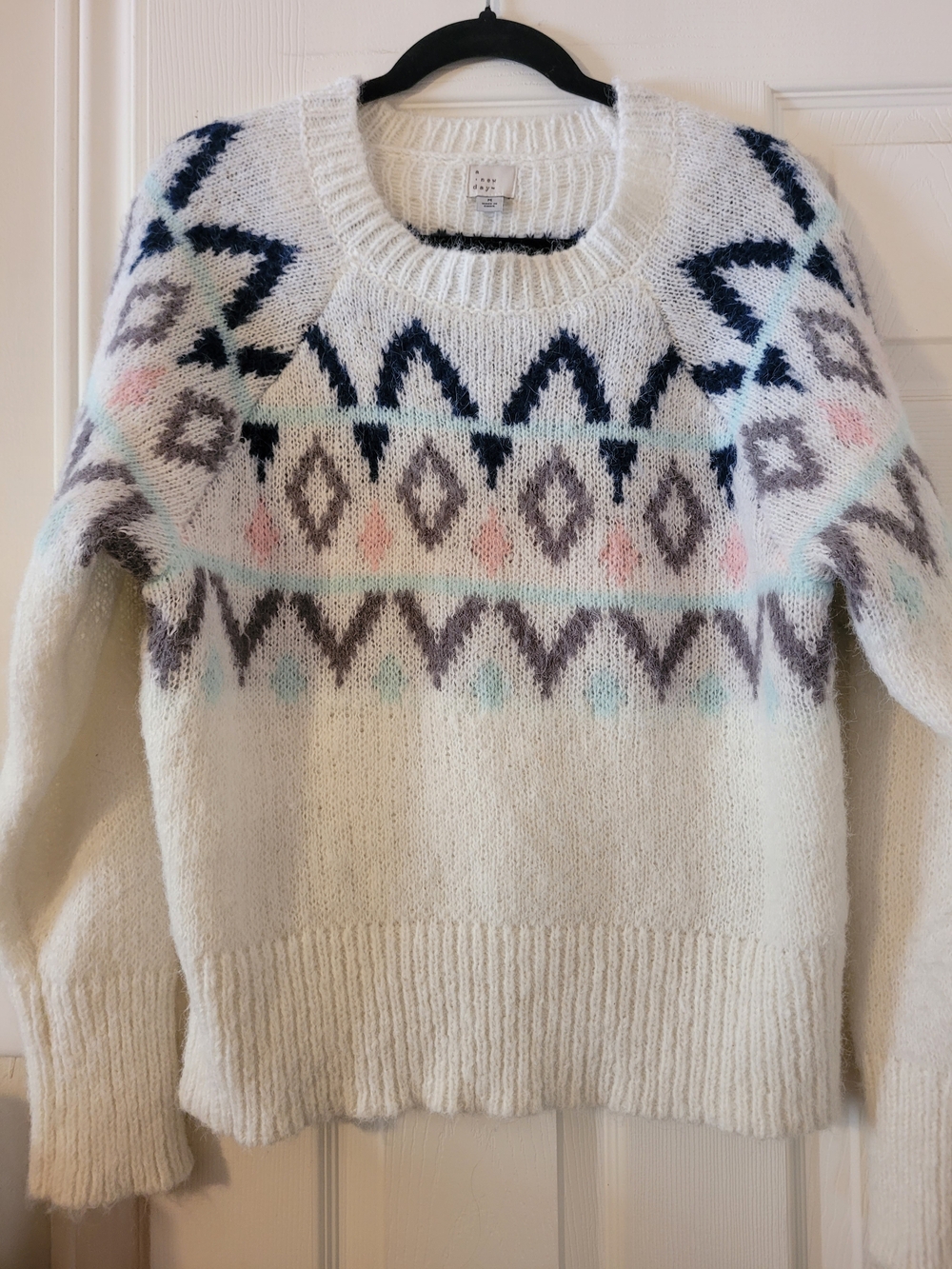 a new day White Fair Isle Crewneck Sweater with Navy and Pastel Accents